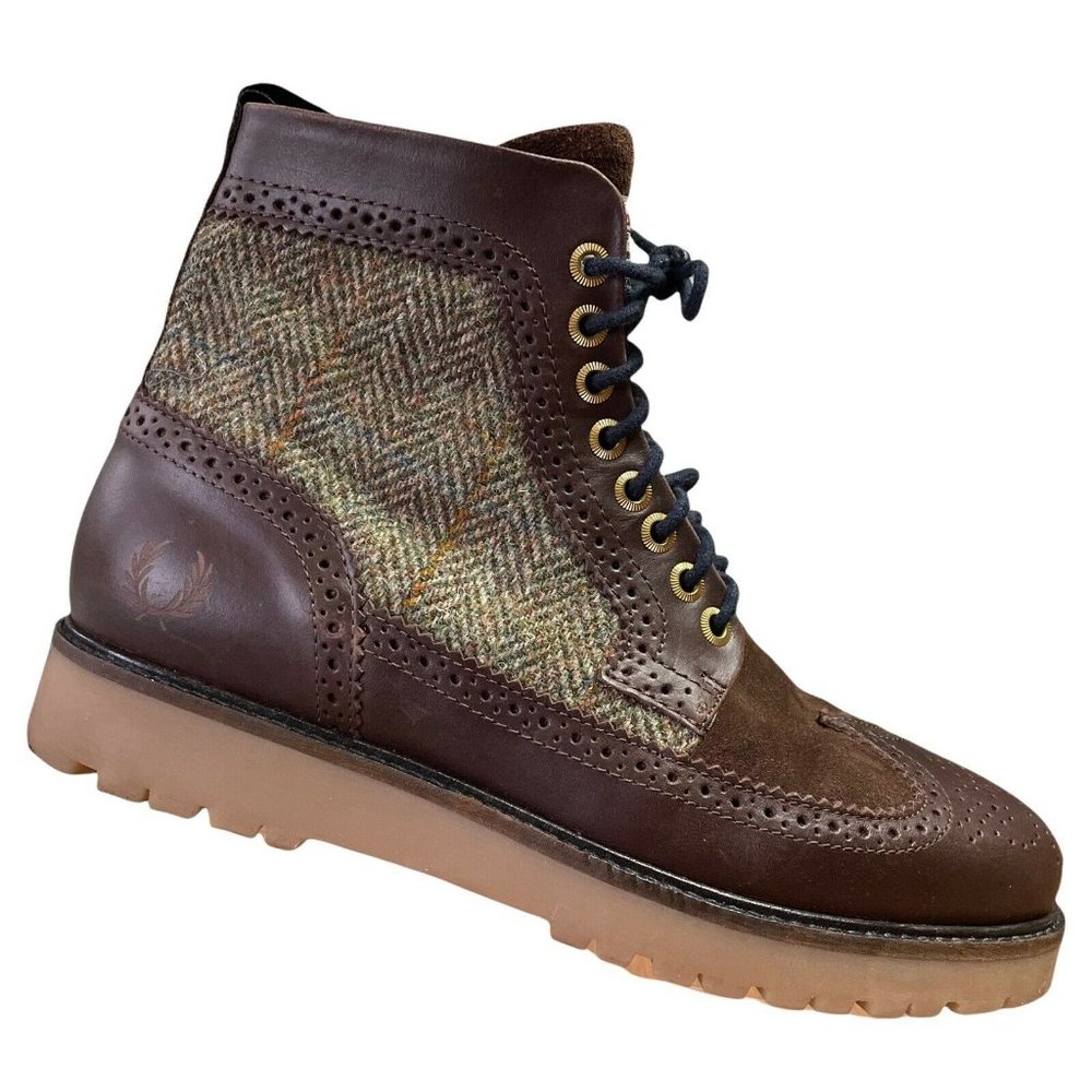 Fred Perry Northgate Brown Leather/Suede Harris Tweed Boots Mens US 8 Wingtip